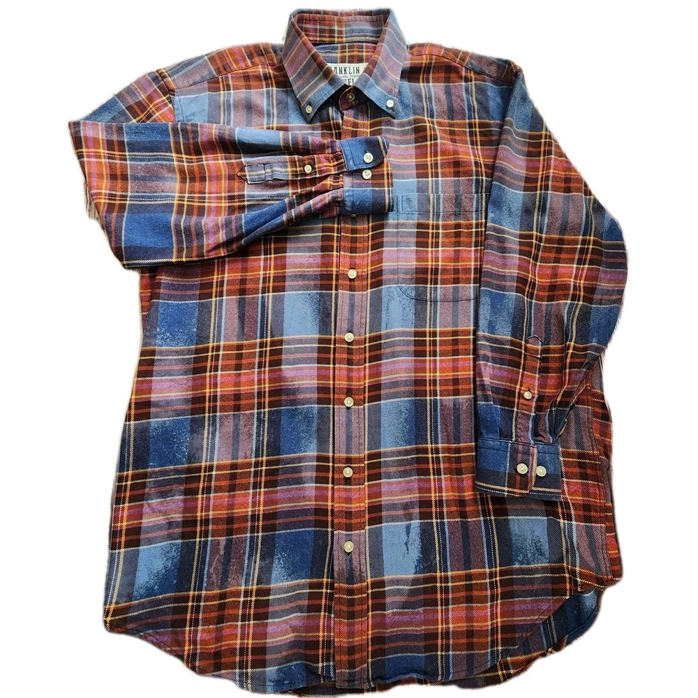 Franklin Flannels XL Shirt Mens Upcycled Vintage Orange Blue Button Down Grunge‎
